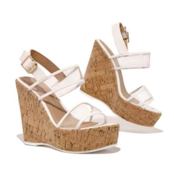 Shoes - Cork Wedges in White/Clear